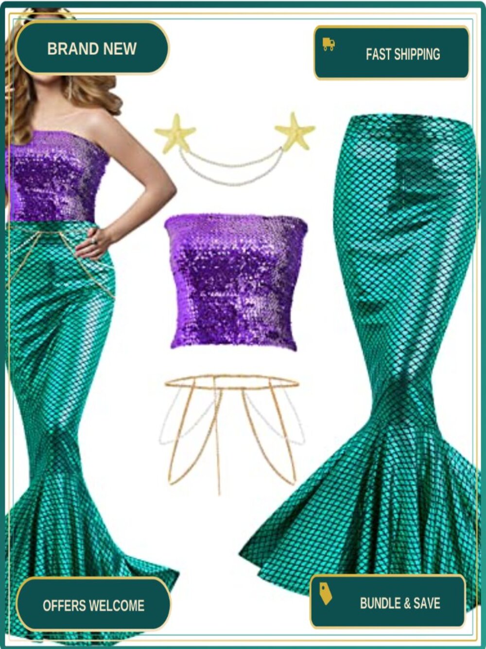 Mermaid Costume Sequin Tube Top Skirt Pearl Waist Head Chain Halloween